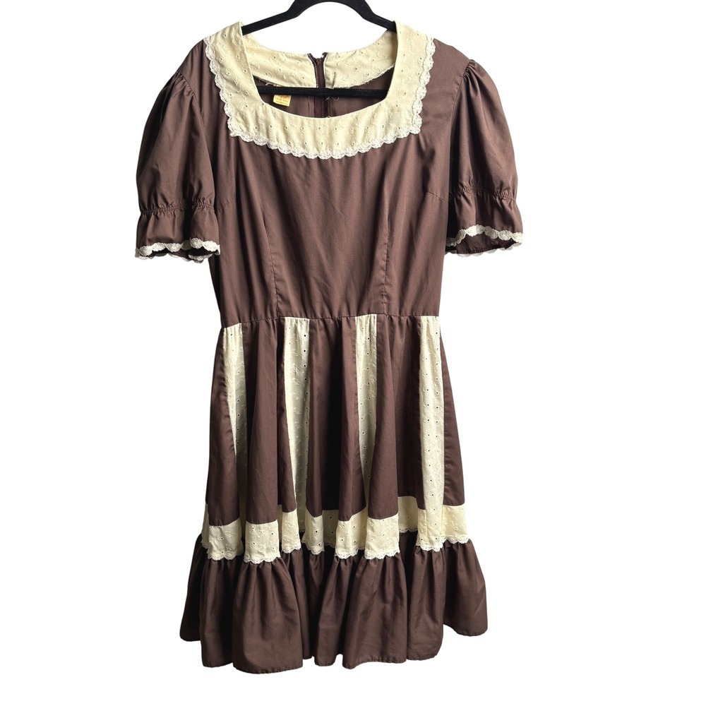 VTG Partners Please Malco Modes Brown Eyelet Lace Square Dance Dress Milk Maid